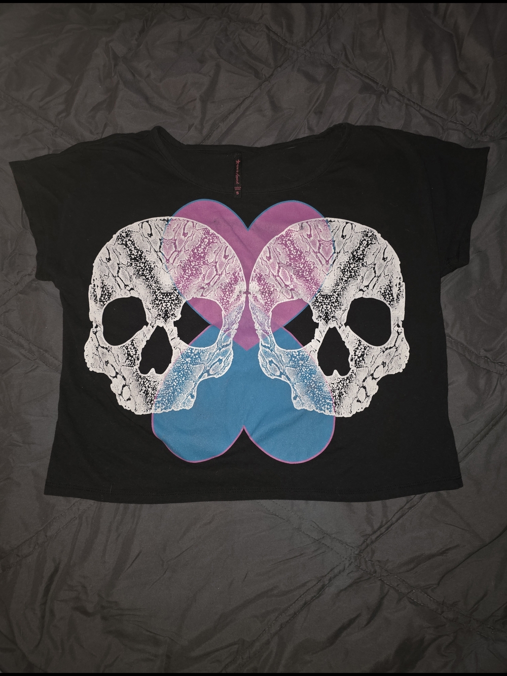 Hybrid Apparel Black Crop Tee with White Skull and Pink & Blue Accents